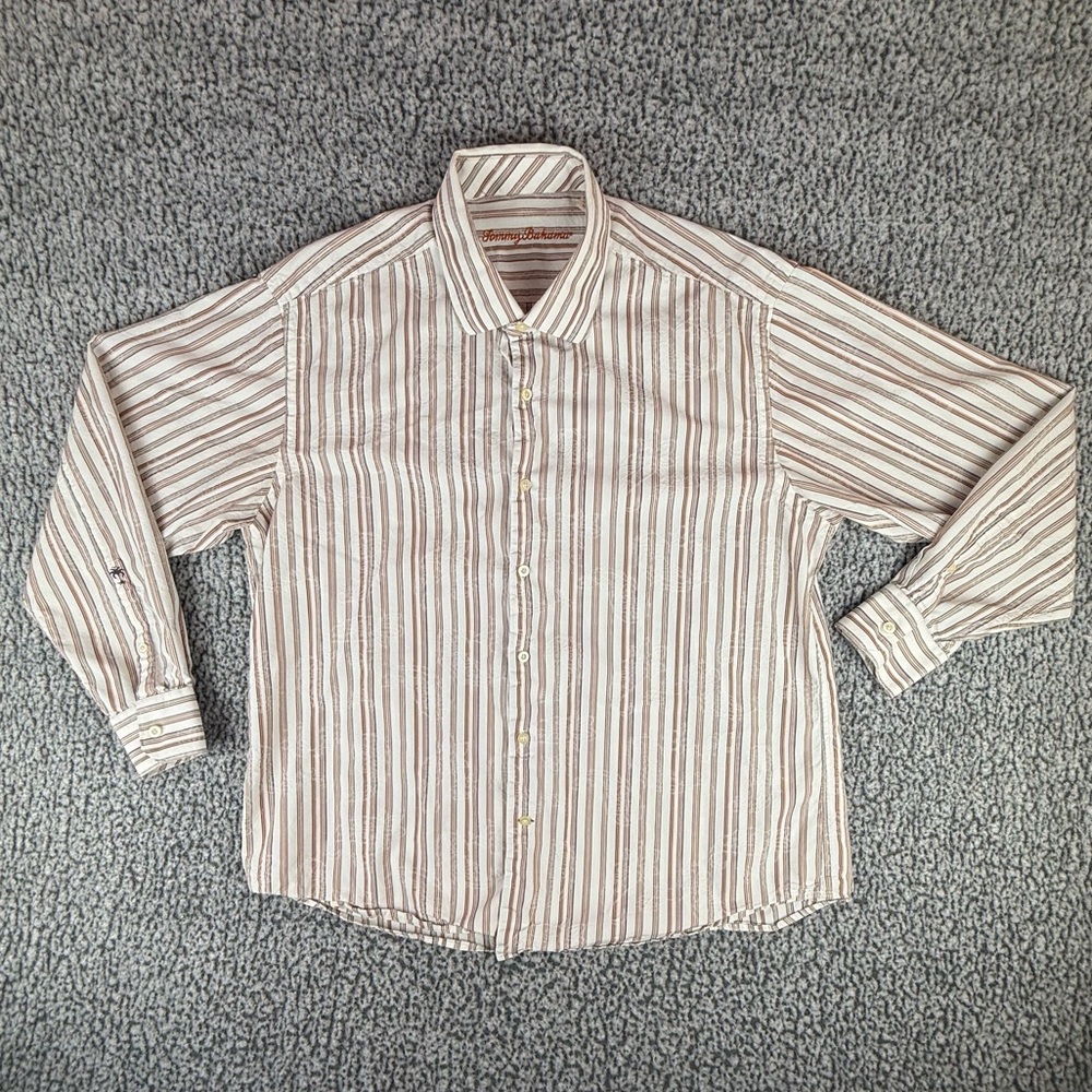 Tommy Bahama Mens XL Silk Cotton Striped Button Shirt Tan Brown Long.READ